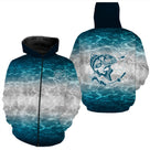 T-shirt pêche unisexe manches longues bleu océan eau cristalline carpe gros plan