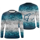 Tee-shirt anti-UV pêche saumon bleu blanc motif océan immersion vue dos personnalisable