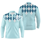 Polo golf manches longues unisexe bleu ciel motif losanges argyle élégant vue dos