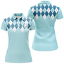 Polo golf femme bleu pastel carreaux argyle blason central personnalisable coupe cintrée