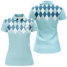 Polo golf femme bleu pastel carreaux argyle blason central personnalisable coupe cintrée