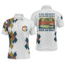 Polo golf homme rétro vintage argyle bleu jaune vert rouge slogan patient golf vue avant