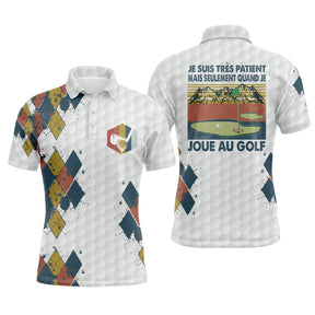 Polo golf homme rétro vintage argyle bleu jaune vert rouge slogan patient golf vue avant