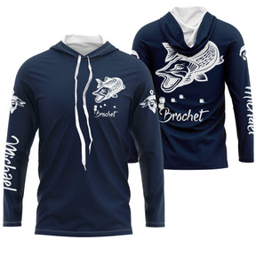 Tee-shirt pêche brochet bleu marine avec brochet stylisé blanc et lettrage Brochet