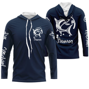 Tee-shirt pêche saumon bleu marine avec saumon argenté stylisé blanc et lettrage Saumon