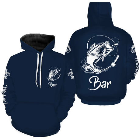 T-shirt anti-UV capuche pêche bar bleu marine pour pêcheurs en mer