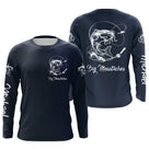 Manches longues anti-UV pêche silure bleu marine prénom personnalisé sur manche Big Moustaches