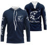 Tee-shirt anti-UV capuche pêche truite bleu marine avec truite stylisée blanche en attaque et lettrage Truite Passion