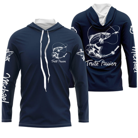 Tee-shirt anti-UV capuche pêche truite bleu marine avec truite stylisée blanche en attaque et lettrage Truite Passion