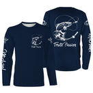 Sweat capuche pêche truite bleu marine avec truite et lettrage blanc Truite Passion