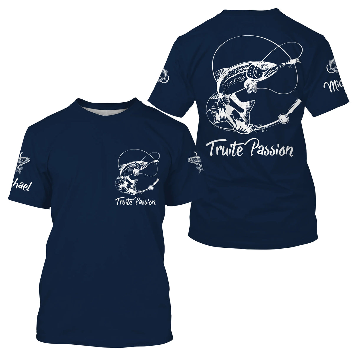 T-shirt col rond pêche truite bleu marine truite blanche en mouvement