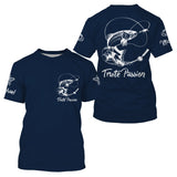 T-shirt col rond pêche truite bleu marine truite blanche en mouvement