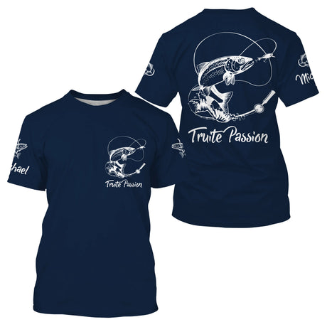 T-shirt col rond pêche truite bleu marine truite blanche en mouvement