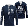 Tee-shirt anti-UV capuche pêche perche bleu marine avec perche stylisée blanche et leurre Perche Passion