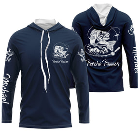 Tee-shirt anti-UV capuche pêche perche bleu marine avec perche stylisée blanche et leurre Perche Passion