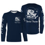 Sweat capuche pêche perche bleu marine avec perche et leurre stylisé blanc
