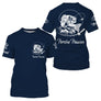 T-shirt col rond pêche perche bleu marine perche zébrée blanche en attaque