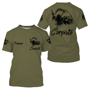 T-shirt pêche carpiste vert kaki illustration carpe stylisée Carpiste prénom manche personnalisé