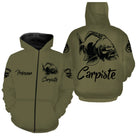 Sweat capuche pêche carpiste vert kaki vue dos illustration carpe Carpiste design halieutique