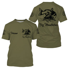 T-shirt pêche silure vert kaki illustration silure barbillons Big Moustaches prénom manche personnalisé