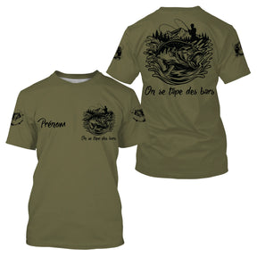 T-shirt pêche bar kaki olive avec slogan humour On Se Tape Des Bars et illustration de bar européen, prénom imprimé