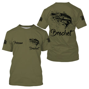 T-shirt pêche brochet kaki olive avec illustration sobre de brochet en plein saut et lettrage Brochet, prénom imprimé