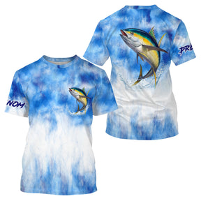 T-shirt pêche thon mer bleu ciel blanc avec illustration aérienne de thon en bond, prénom imprimé sur la manche