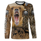 T-shirt all-over marron unisexe avec ours rugissant féroce et silhouettes loups, prénom personnalisé
