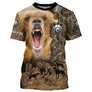 T-shirt all-over marron unisexe avec ours rugissant féroce et silhouettes loups, prénom personnalisé