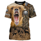T-shirt all-over marron unisexe avec ours rugissant féroce et silhouettes loups, prénom personnalisé