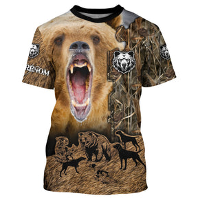 T-shirt all-over marron unisexe avec ours rugissant féroce et silhouettes loups, prénom personnalisé