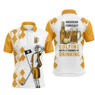 Polo golf homme femme jaune blanc argyle Weekend Forecast Golfing avec pintes de bière et silhouette golfeur