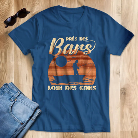 T-shirt vintage pêche bar homme bleu marine illustration pêcheur silhouette coucher de soleil cadeau humour