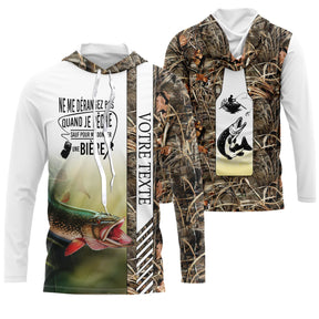 Sweat à capuche pêche brochet camouflage brun roseaux brochet vert slogan bière personnalisable vue avant