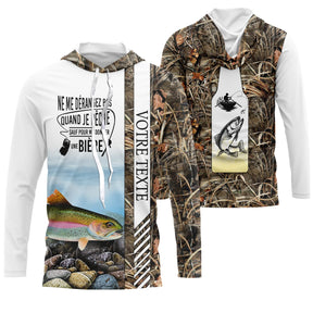 Sweat à capuche pêche truite camouflage brun roseaux truite arc-en-ciel slogan bière personnalisable vue avant