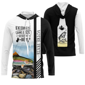 Sweat à capuche pêche truite noir blanc slogan bière truite arc-en-ciel zone texte personnalisable vue avant