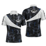 Polo golf homme camouflage bleu noir prénom Miguel silhouettes golfeurs swing vue avant