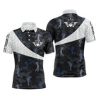 Polo golf homme camouflage bleu noir prénom Miguel silhouettes golfeurs swing vue avant