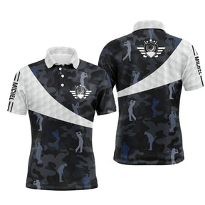 Polo golf homme camouflage bleu noir prénom Miguel silhouettes golfeurs swing vue avant