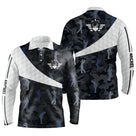 Polo golf manches longues unisexe camouflage bleu noir golfeurs alignés prénom personnalisable