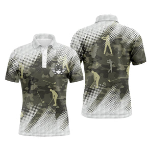 Polo de golf personnalisé homme camouflage vert kaki et blanc avec silhouettes jaune doré de golfeurs en swing