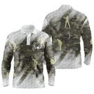 Polo de golf manches longues unisexe camouflage vert kaki et jaune doré silhouettes golfeurs parcours frais