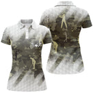 Polo de golf femme camouflage vert et jaune avec silhouettes de golfeurs coupe ajustée féminine