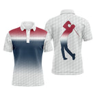 Polo de golf personnalisé homme dégradé rouge bleu marine et blanc avec silhouette golfeur en swing