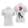Polo de golf motifs balle alvéolée intégrale et silhouette golfeur en swing rouge et bleu marine au dos, coupe homme et femme