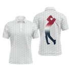 Polo de golf motifs balle alvéolée intégrale et silhouette golfeur en swing rouge et bleu marine au dos, coupe homme et femme