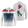 Polo de golf manches longues unisexe dégradé rouge bleu marine silhouette golfeur swing