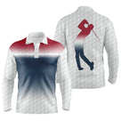 Polo de golf manches longues unisexe dégradé rouge bleu marine silhouette golfeur swing