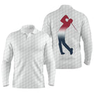 Polo golf vue de dos silhouette golfeur rouge bleu marine sur texture balle alvéolée, vêtement de sport pour golfeur