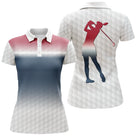 Polo de golf femme dégradé rouge marine blanc silhouette golfeuse coupe ajustée féminine